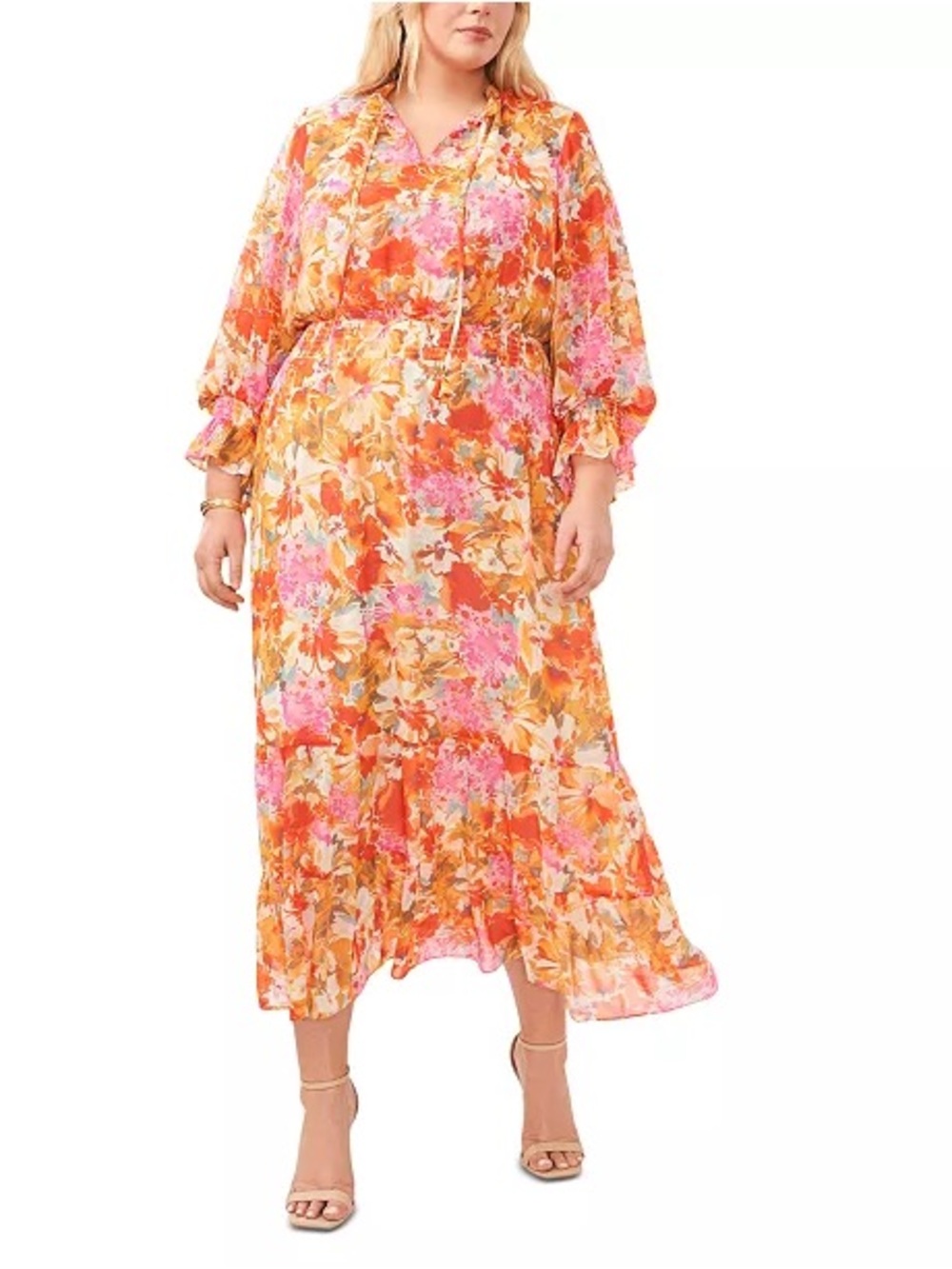 Vince Camuto Floral Orange and Pink Tie-Neck Maxi Dress